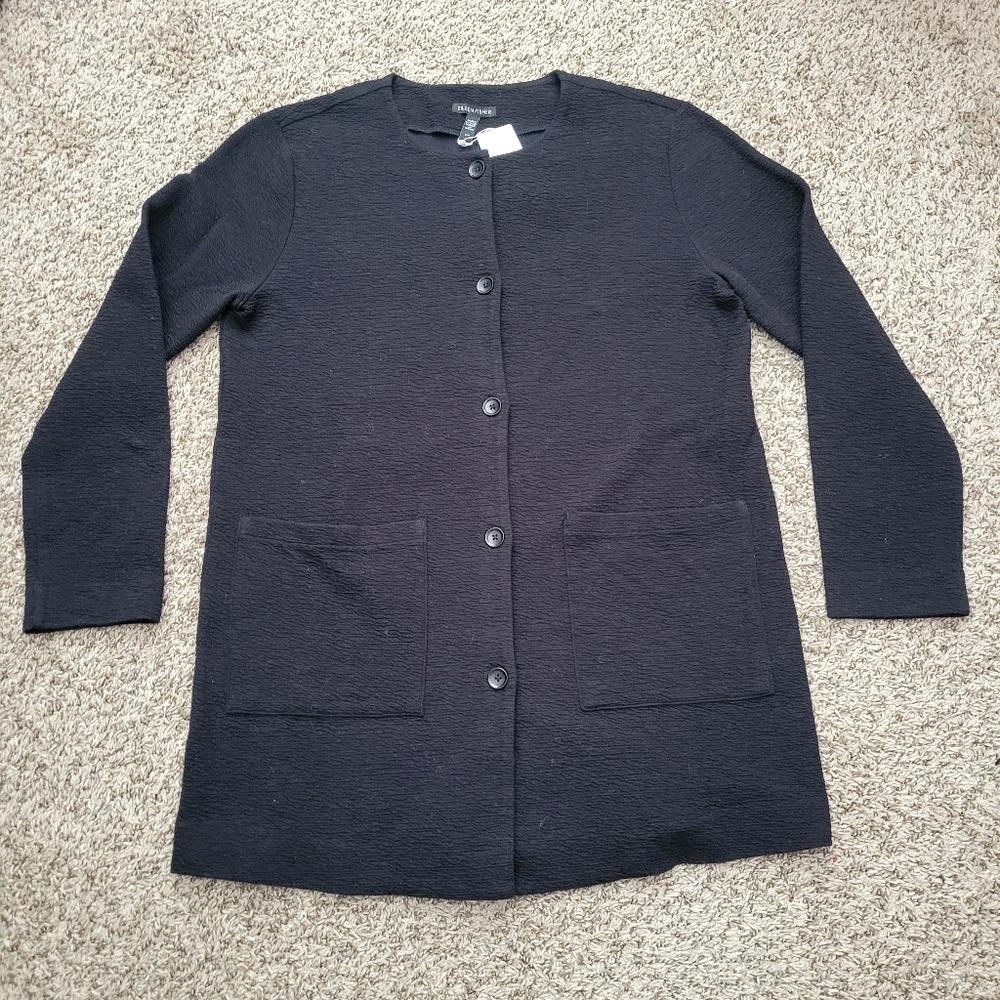 Eileen Fisher Organic Cotton Crinkled Knit Jacket Black Textured Size Small NWT